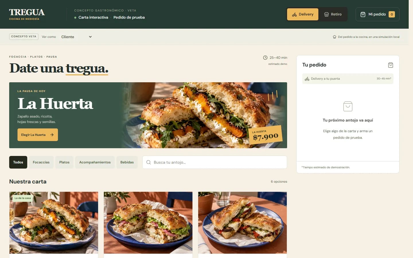 Carta digital del concepto TREGUA con focaccias y carrito demostrativo.