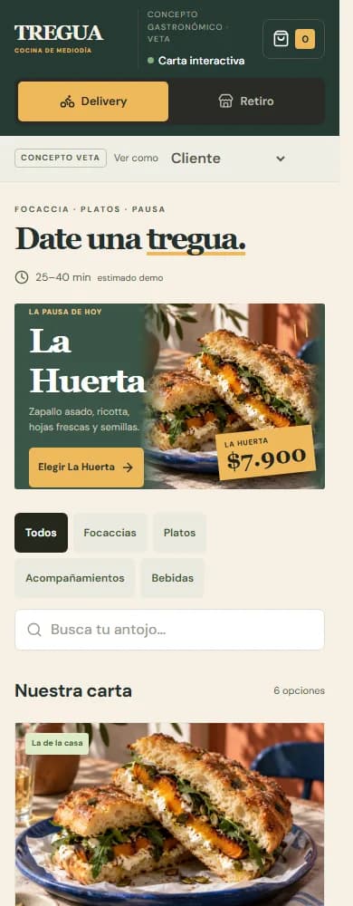 Carta móvil del concepto gastronómico TREGUA.