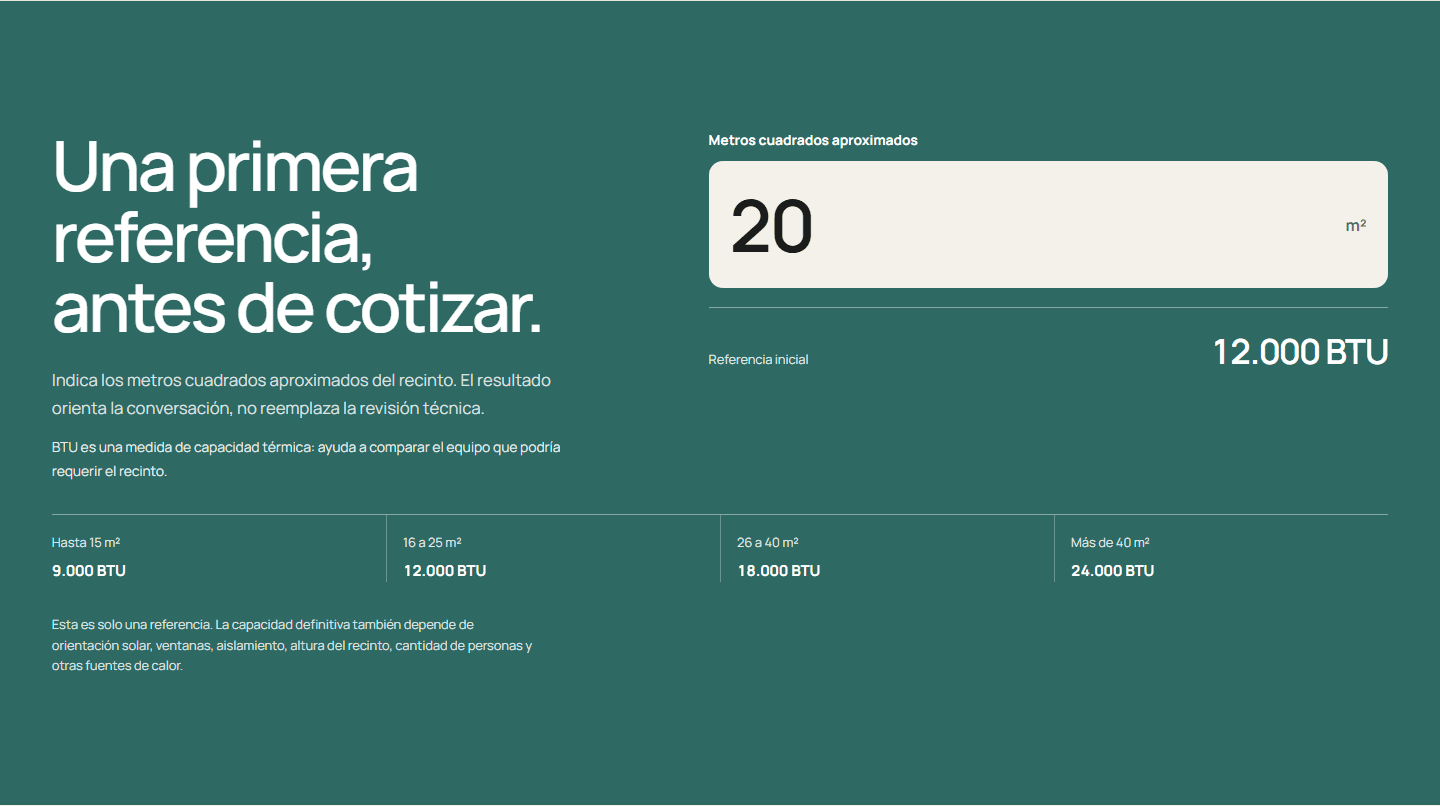 Calculadora BTU demostrativa del proyecto conceptual UMBRAL en vista de escritorio.